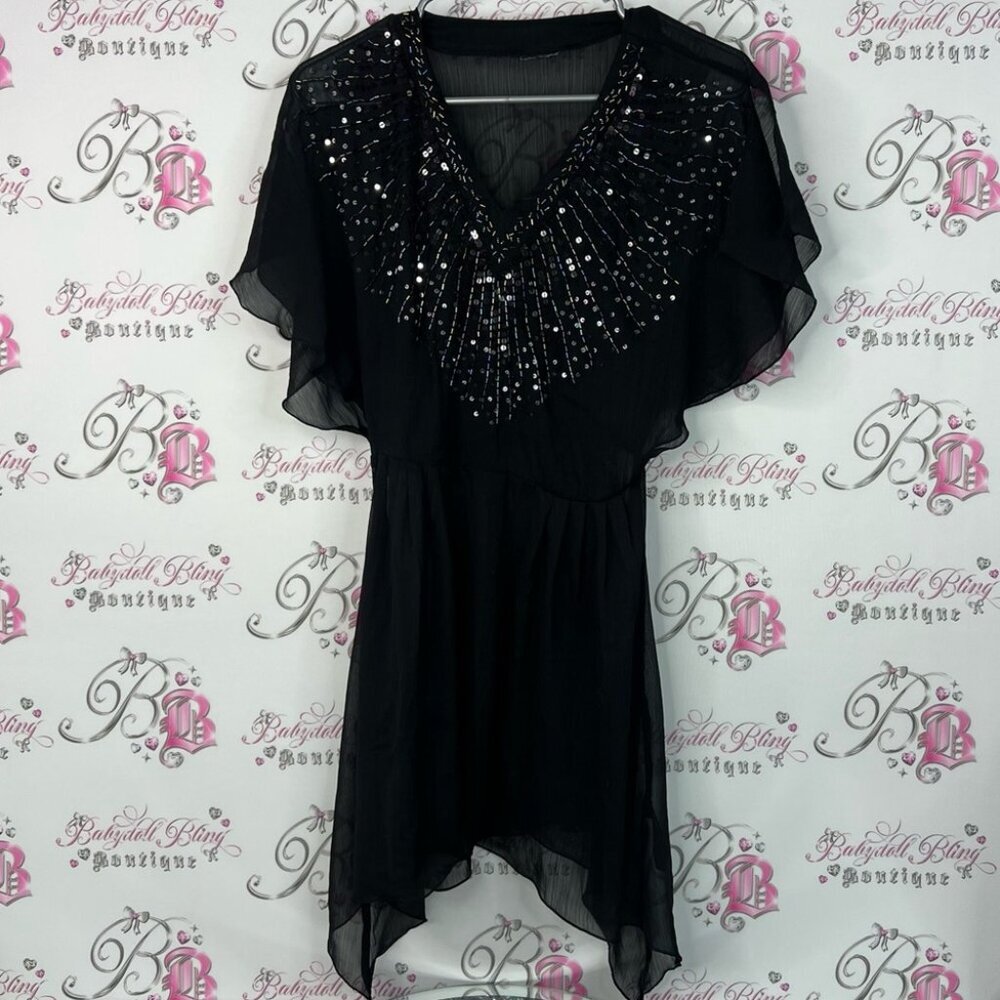 Dress mini beaded embroidered sequins sparkly flowy Black Beaded V-Neck Dress